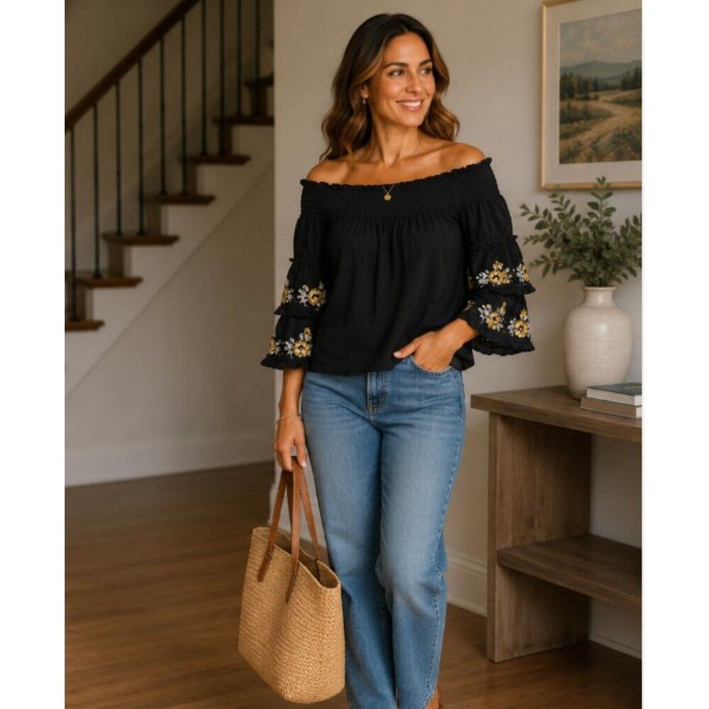 Max Edition Navy Off Shoulder Pleated Blouse Floral Embroidery Bell Sleeves M